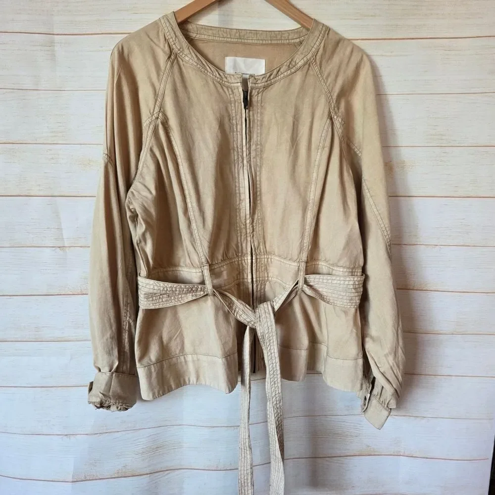 By Anthropologie Belted Round Neck Utility Jacket Tan Brown Size XL Sand Sable - Picture 6 of 15